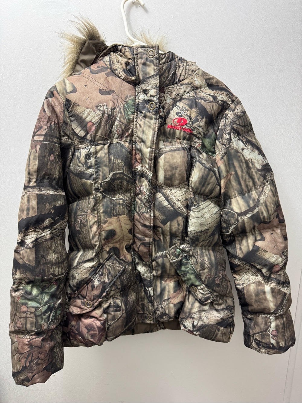 Mossy Oak Camouflage Puffer Jacket with Faux Fur Trim - Brown/Green
